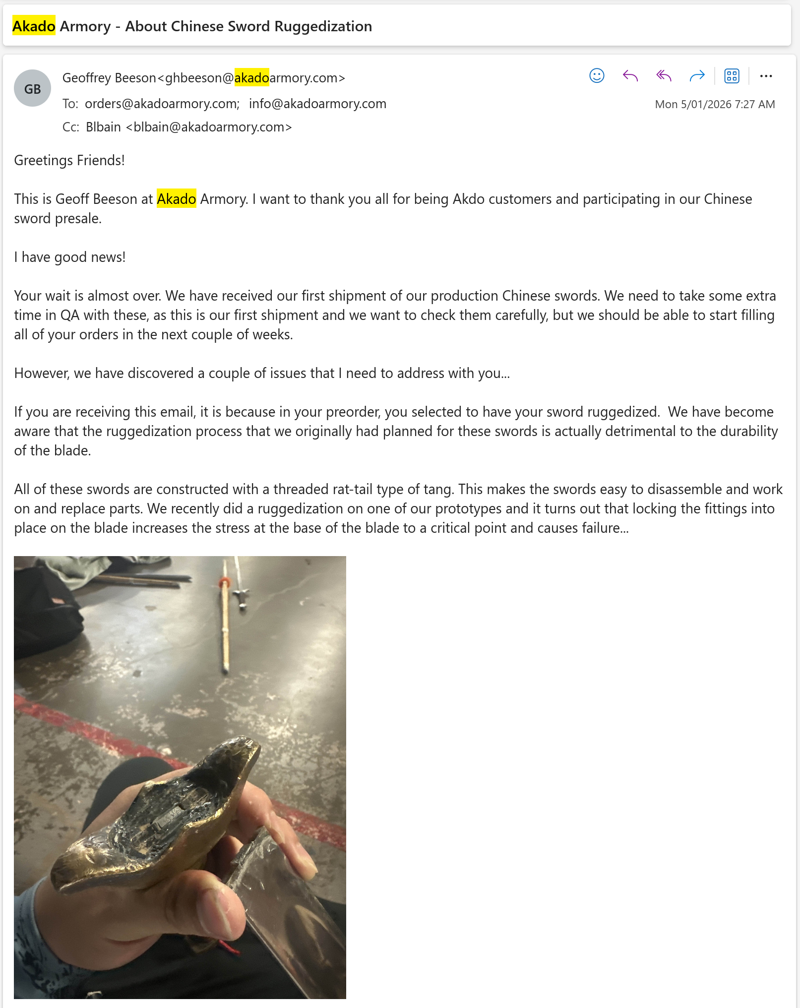 Akado Armory Email part 1 - 05 Jan 2026